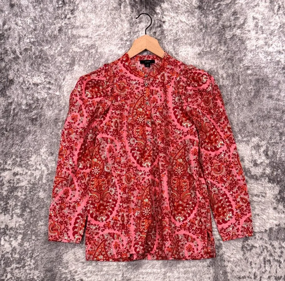 New J Crew Top XS Womens Puff Sleeve Paisley Cotton Pink Floral Blouse